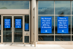 Exterior view: Opaque adhesive window graphic, light blocking print