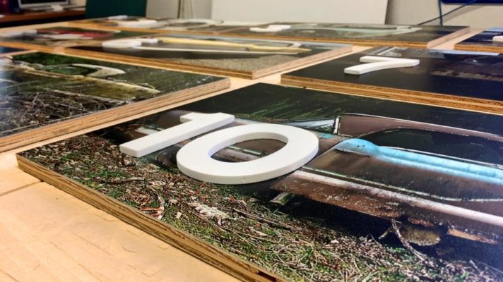 exhibit panels with dimensional numbers close up