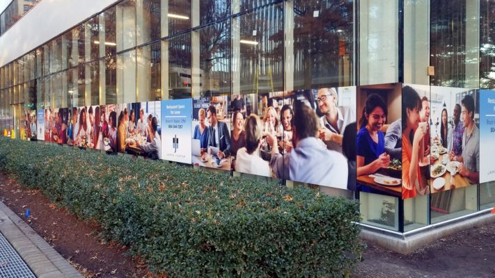 window decals across building exterior corner