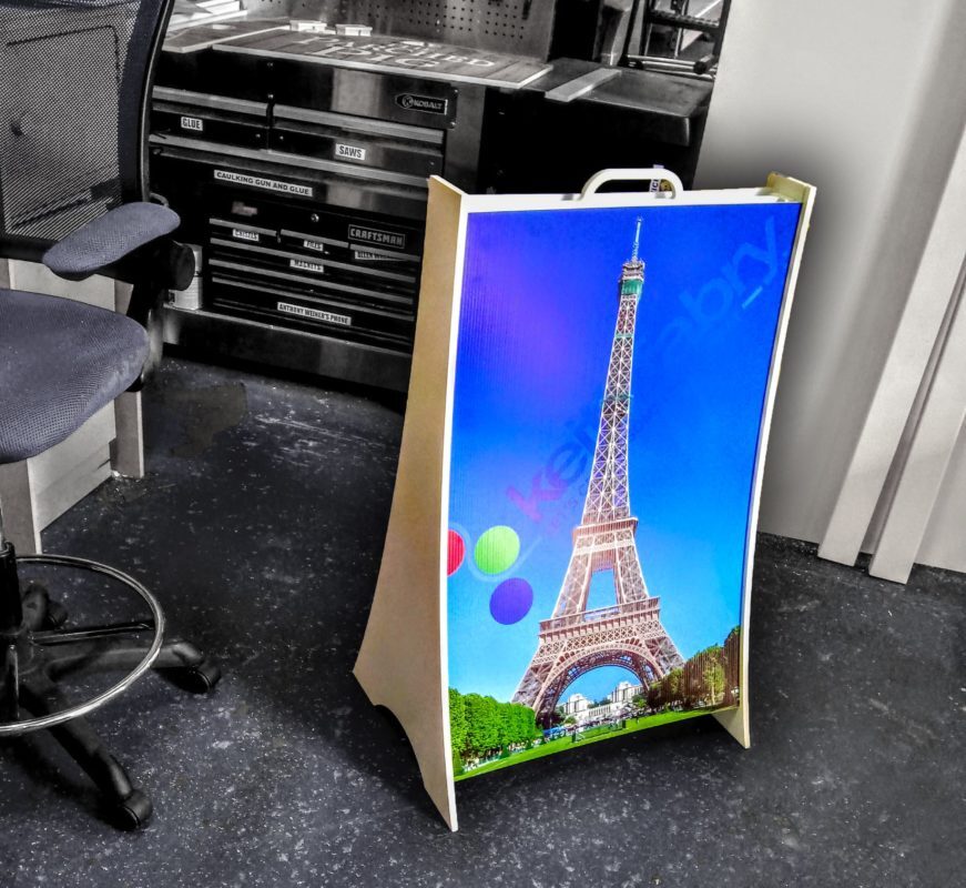 curved MDF sidewalk sign with corrugated plastic inserts