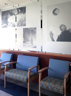 printed frosted panels as barriers in office lobby