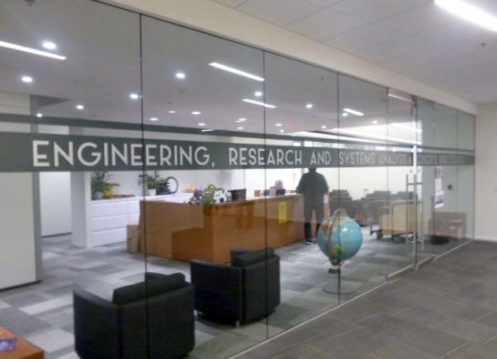 NASA frosted vinyl installed across windows and door