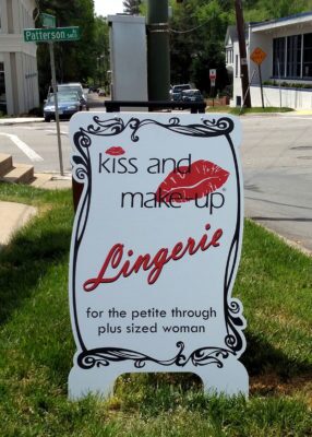 kiss and make-up lingerie sign sidewalk sign with custom cut border