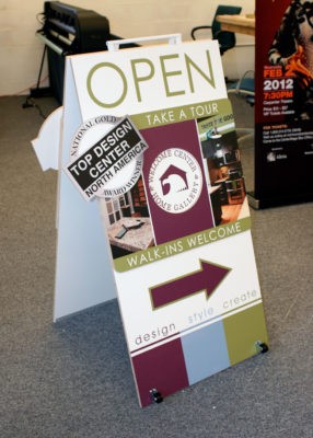 custom a-frame sign with wheels and handles, alternate view