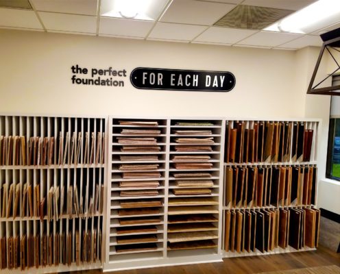 wall signage above material displays