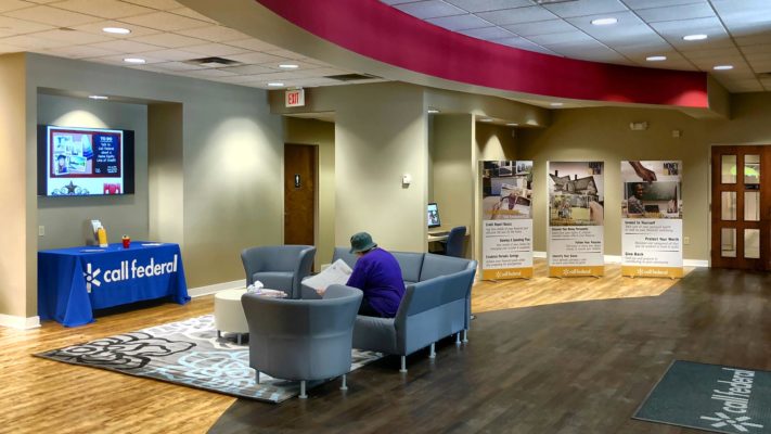 floor stand displays for bank lobby