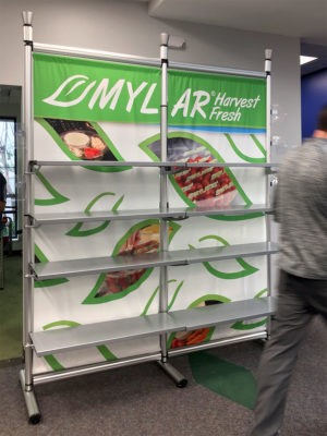 shelving and printed banners