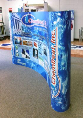 curved floor display with printed graphic