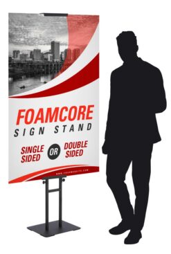 custom printed low profile foamcore floor stand, replaceable, adjustable for businesses restaurants venues or events. stable base free shipping
