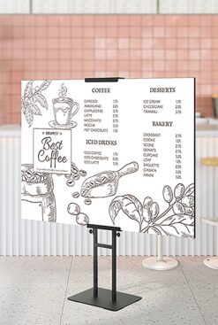 low profile foamcore sign stand for businesses restaurants venues or events, stable base, custom printed, replaceable, menu board sign
