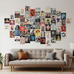 photo tiles on wall over couch
