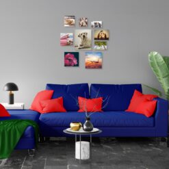 photo tiles on wall over sofa