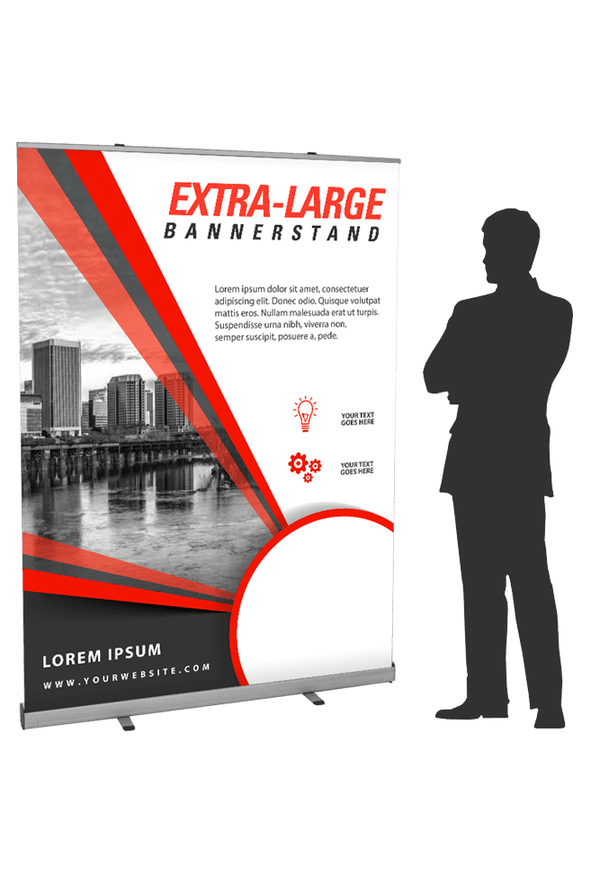 Extra-large retractable metal bannerstand with custom print on Premium Banner Material
